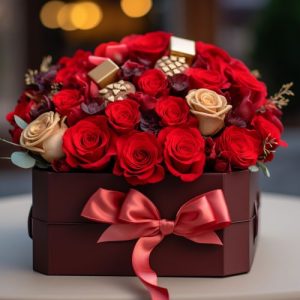 virágdoboz csokoládéval rózsával